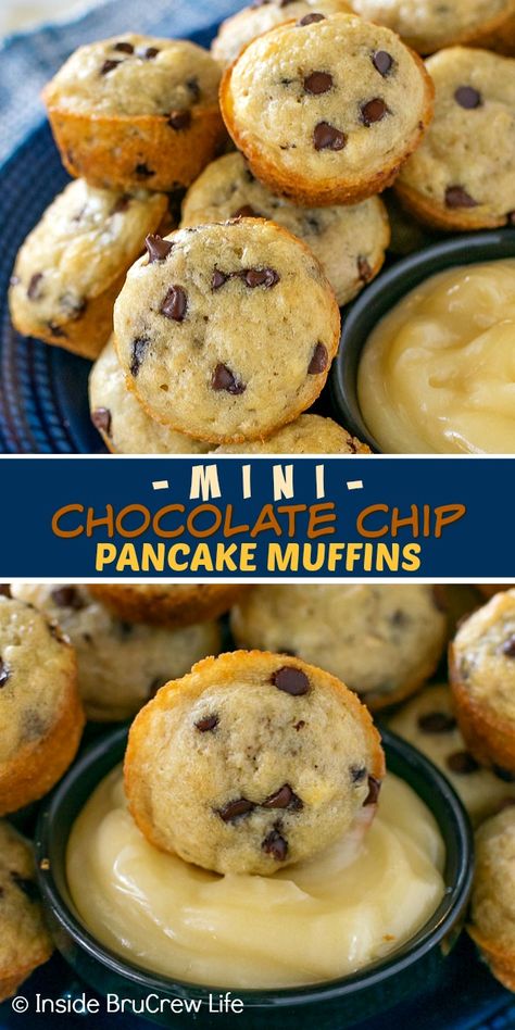 Mini Chocolate Chip Pancake Muffins - save time in the kitchen by baking pancake batter in mini muffin tins. Easy to freeze and keep on hand for an easy breakfast. Mini Breakfast Bites, Chocolate Chip Pancake Muffins, Cupcake Pan Recipes, Pancake Muffins Recipe, Mini Muffin Tin Recipes, Mini Pancake Muffins, Chocolate Chip Pancake, Pancake Cupcakes, Mini Chocolate Chip Muffins