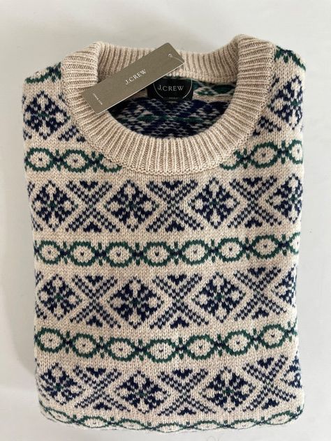 * J.Crew Fair Isle lambswool crewneck sweater * - New with tag. - Style# AF187. - Size: XS. - Color: Multicolor = Beige/Navy/Green.   - *****Reviews. - PRODUCT DETAILS: It's sweater weather (and it probably will be for a while). You pretty                                      much can't go wrong with one made from lambswool: It's soft,                                      warm and always a good decision when the temperature stars to                                       drop. J.Crew use it to knit an eye-catching Fair Isle pattern into this                                      crewneck.                                      - Lambswool. - Hand wash. - Import.                                                     **************************************** - Please see photos for details/measurem