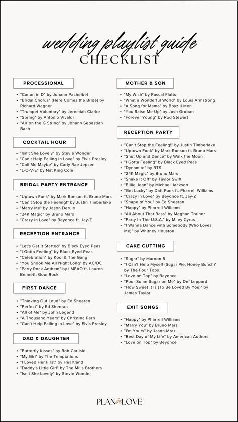 wedding guide | wedding guide check list | wedding music | wedding song ideas | wedding planning  | wedding day moments | wedding planning tools | wedding journey | wedding | plan in love Music Playlist For Wedding, Christian Wedding Songs Reception, Dance Order For Wedding Reception, Music To Play Before Wedding Ceremony, Songs Needed For Wedding List Of, Black Wedding Playlist, Fun Wedding Playlist, Wedding Playlist Checklist, Wedding Song Order