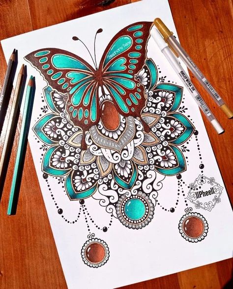 Mandala Pencil and Ink Drawing. Pencil Color Mandala Art, Mandala Drawing Butterfly, Mandela Art Colorful, Mandala Drawing Ideas Creative Beautiful, Mandala Drawing Colourful, Mandala Art Ideas Creative, Mandala Art Colorful, Colourful Mandala Art, Butterfly Mandala Art