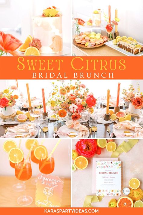 Citrus Bridal Shower Balloon Arch, Orange Citrus Themed Bridal Shower Ideas, Citrus Bridal Shower Desserts, Grapefruit Theme Party, Citrus Decor Wedding, Summer Citrus Theme Party, Oranges Themed Party, Citrus Themed Engagement Party, Grapefruit Bridal Shower Theme