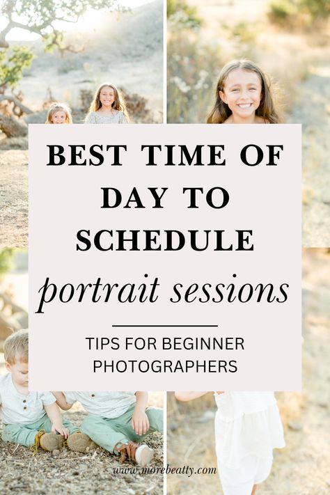 Are you looking to improve your portrait session photos? Today, I am sharing my top photography tips for using golden hour to take family photos, engagement photos, and more. These beginner photography tips will help you capture the perfect photos for your photography clients. You also want to consider camera settings, your camera lens and more when taking photos. Use these photography tips for beginners to pick the perfect time of day for pictures. Outdoor Photo Settings, Beginner Family Photography, Beginner Photography Tips Canon, How To Take Good Senior Pictures Tips, Best Time To Take Photos Outside, Photography Poses For Beginners, Outdoor Photoshoot Tips, Tips For Taking Your Own Family Photos, Learn To Take Professional Photos