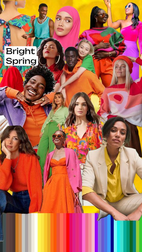 Bright Spring outfit and colour inspiration ✨ The Bright Spring palette is bright, warm and clear! #brightspring #coloranalysis #colouranalysis Bright Spring Palette, Bright Spring Clothes, True Spring Colors, Bright Colored Outfits, True Spring, Clear Spring, Spring Palette, Spring Color Palette, Colour Inspiration