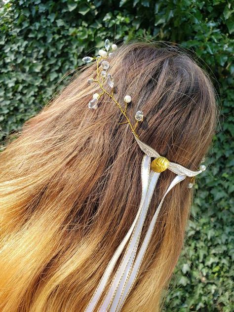 Golden Snitch Hair Piece, Harry Potter Wedding, Golden Snitch, Halo Hair, Gold Ribbons, Hair Piece, Marry Me, Clear Crystal, Faux Pearl