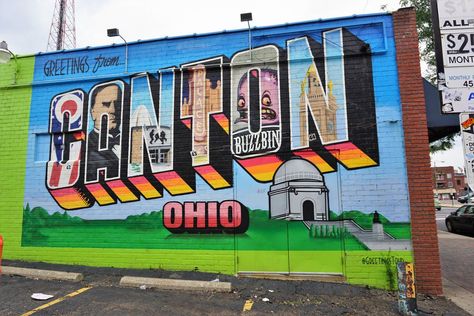 6 attractions in Canton, Ohio are luring visitors - sports, art, history, food and wine. Downtown Street, Ohio Flag, Ohio Travel, Canton Ohio, Abandoned Amusement Parks, Graffiti Murals, Murals Street Art, Mural Design, Sports Art