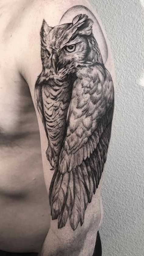 Horned Owl Tattoo For Women, Shoulder Owl Tattoo, Owl Snake Tattoo, Great Horned Owl Tattoo Drawing, Owl Shoulder Tattoo, Great Horned Owl Tattoo, Horned Owl Tattoo, Mens Owl Tattoo, Realistic Owl Tattoo