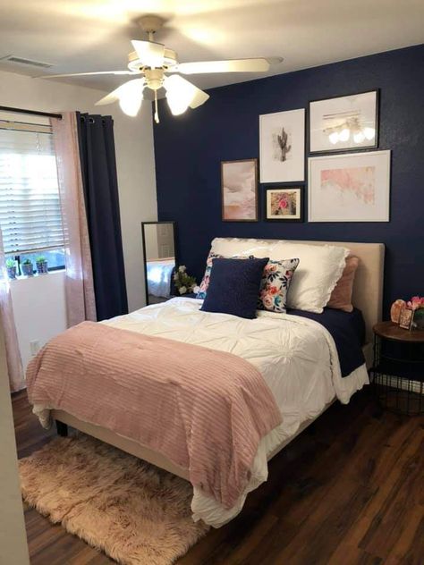 Pale Pink And Navy Bedroom, Navy Blue And Pink Bedroom Decor, Navy Blue Bedroom Ideas For Women, Navy Blush Bedroom, Girls Navy Blue Bedroom Ideas, Pink Navy And Grey Bedroom, Blue And Rose Gold Bedroom, Blue Pink And Gold Bedroom, Navy Blue Girls Bedroom