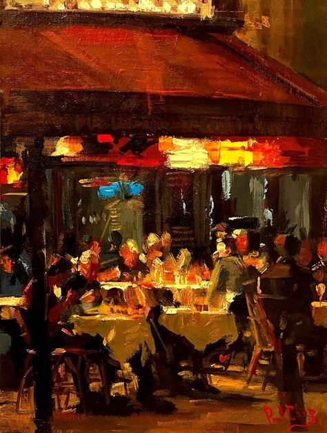 Painting Of A Restaurant, Acrylic Paintings Of People, Nightclub Painting, Cafe Paintings Art, Café Painting, Highway Painting, Oil Painting City, Restaurant Painting, Oil Painting Aesthetic