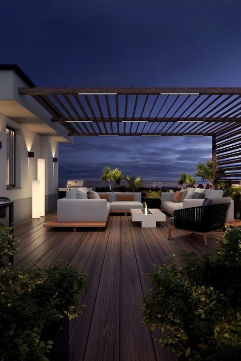 Modern luxury backyard with stylish fire pit and fireplace Modern Balcony Ideas Luxury, Balcony Modern Luxury, Fire Pit Terrace, Modern Patio Design Luxury, Rooftop Fire Pit, Roof Garden Ideas Modern, Building Terrace Design, Home Rooftop Ideas, Backyard Roof Ideas Patio