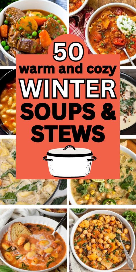 cozy meals for cold weather Savoury Soup Recipes, Soups That Last A Week, February Soup Recipes, Best Soup For Cold Weather, Potluck Soup Ideas, Soup Stews And Chowders, Cold Weather Food Crock Pots, Crock Pot Healthy Soup, Crockpot Stews And Soups