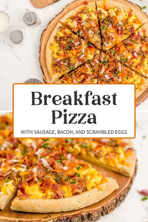 This breakfast pizza is the most fun breakfast there is! Easy to make with a pre-made crust, this pizza is loaded with bacon, sausage, eggs, and cheese. It's sure to become everyone's favorite breakfast, and you can make it gluten free or low carb easily. Red Baron Breakfast Pizza, Pizza With Sausage, Egg Pizza Breakfast, Breakfast Pizzas, Eggs And Cheese, Breakfast Pizza Recipe, Bacon Pizza, Healthy Pizza Recipes, Fun Breakfast