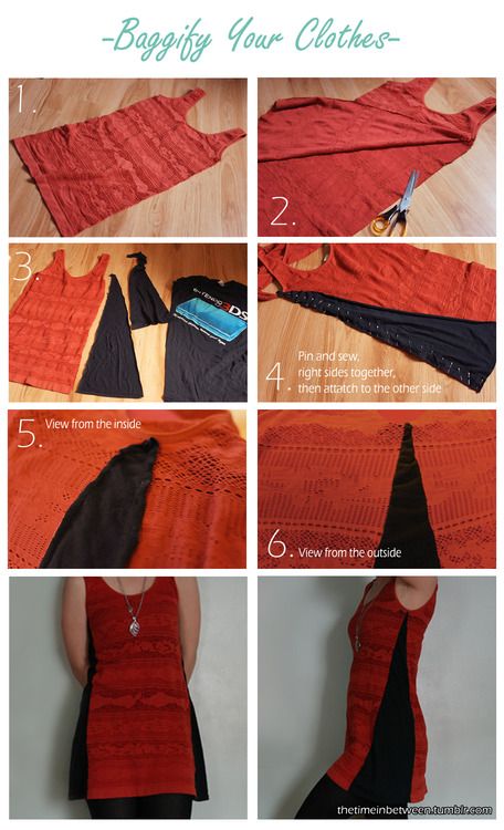 Add sides to clothes. Click through for a more detailed tutorial. Umgestaltete Shirts, Sukienki Maksi, Make A Dress, Vetements Clothing, Diy Vetement, Sew Ins, Repurposed Clothing, Kleidung Diy, Altering Clothes