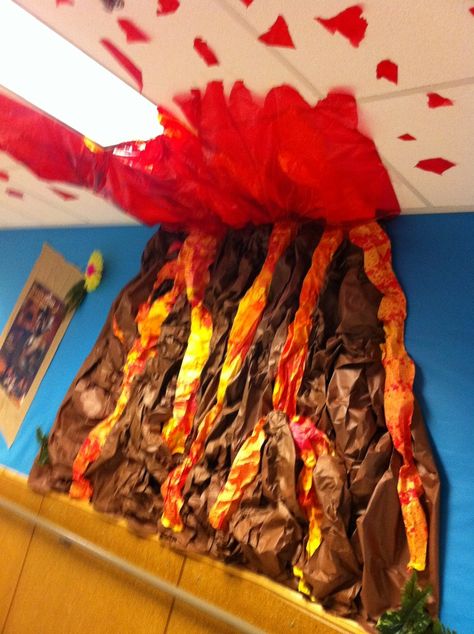 Volcano Bulletin Board                                                                                                                                                     More Volcano Bulletin Board, Volcano Display, Dinosaur Bulletin Boards, Volcano Projects, Dinosaur Classroom, Math Craftivity, November Bulletin Boards, Science Bulletin Boards, School Hallways