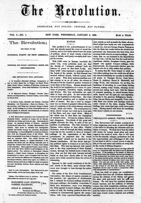 First page of the first issue of The Revolution. Published by Susan B. Anthony, 1868 Elizabeth Stanton, Joseph Cornell Artist Research Gcse, Edward Weston Research Page, Lewis And Clark College, Elizabeth Cady Stanton, Susan B Anthony, 1890s Newspaper, Lewis And Clark, Old Newspaper