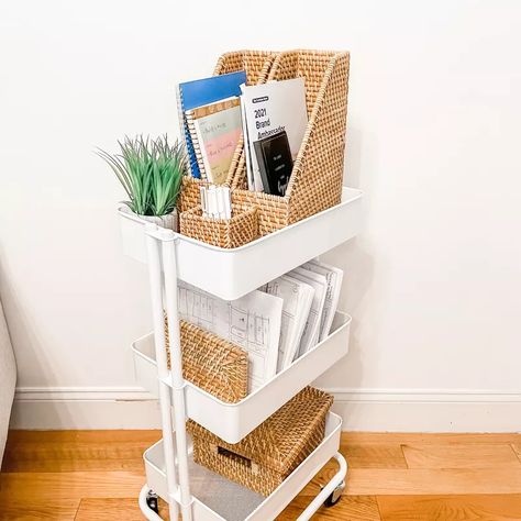 Deco Entree, Small Desk Organization, Desk Organization Ideas, Desk Essentials, Stylish Desk, Desk Organization Office, Rolling Cart, The Container Store, Office Items