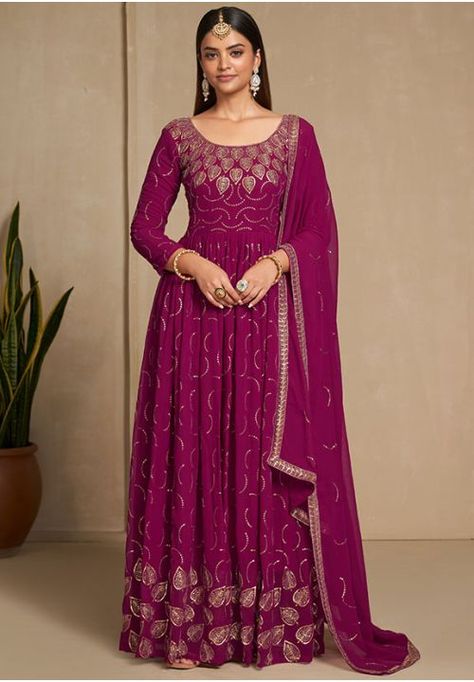 Rani Pink Faux Georgette Gown with Dupatta Gown Western, Long Gown For Wedding, Dress Party Wear, Reception Gowns, Lehenga Choli Designs, Gown With Dupatta, Rani Pink, Party Wear Lehenga Choli, Gown Suit