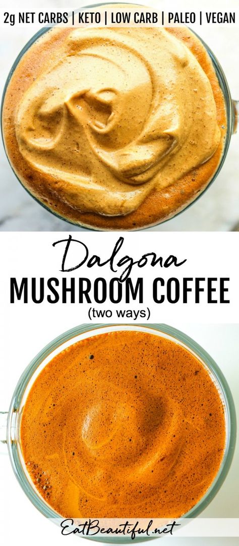 Creamy coffee whip with truly energizing mushroom powders! Spooned atop your choice of iced milk, pretty and delicious Dalgona Mushroom Coffee can be made with coffee OR decaf coffee + mushroom powder OR completely herbal. Paleo, Keto, Low Carb and Vegan. | Eat Beautiful || #mushroomcoffee #dalgona #coffeedrinks #healthyrecipes #colddrinks #herbal #paleo #ketodrinks #lowcarb #vegan #mushrooms Coffee Whip, Iced Milk, Eat Beautiful, Paleo Drinks, Beautiful Recipes, Keto Drinks, Low Carb Drinks, Mocktail Recipes, Creamy Coffee