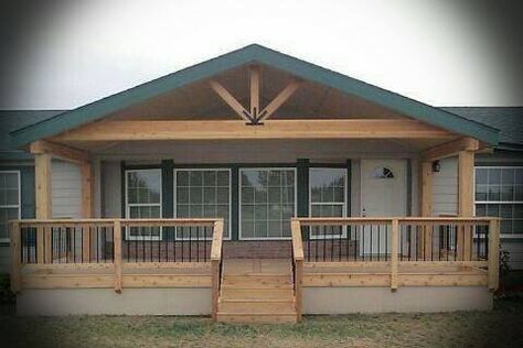 Farmhouse Front Porch On Mobile Home, Front Porch Elevation Ideas, Manufactured Home Gable Porch, Front Porch Ideas Trailer, Ranch Style Homes With Front Porch, Modular Home Front Porch Addition, Adding A Front Porch To A Modular Home, Back Porch Ideas For Mobile Home, Porch Designs For Mobile Homes