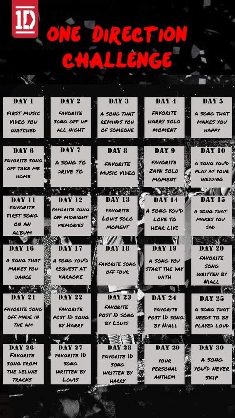 one direction 1D song challenge for 30 days One Direction Games, 30 Day Music Challenge, 1d Songs, Music Challenge, One Direction Music, 30 Day Song Challenge, One Direction Songs, One Direction Lyrics, Song Challenge