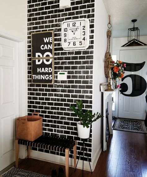 Brick Wallpaper Accent Wall, Black Brick Wallpaper, Bricks Wallpaper, Brick Wall Wallpaper, White Grout, Black Brick Wall, Black Brick, Wallpaper Accent Wall, Brick Wallpaper