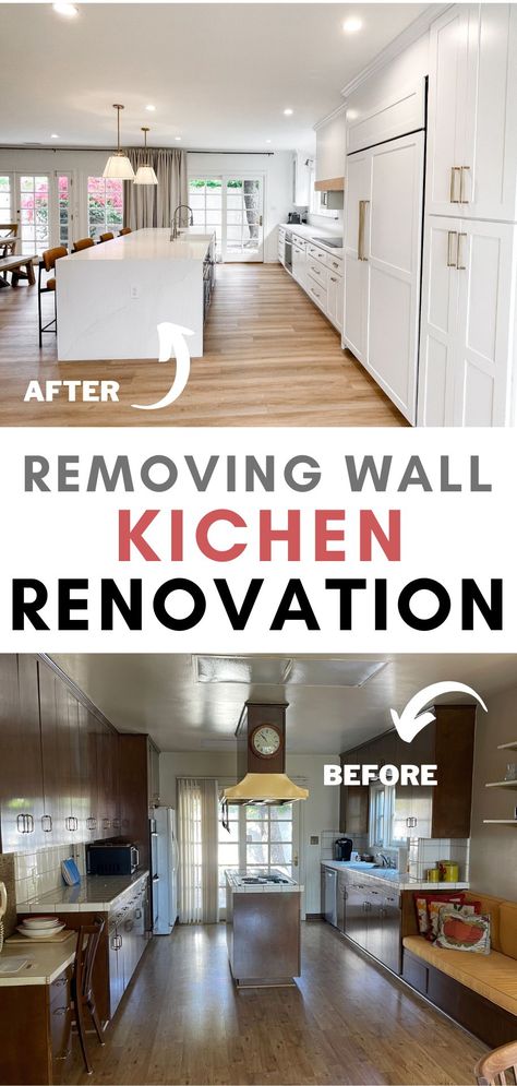 See our kitchen remodel before and after opening a load bearing wall between kitchen and living room! The transformation it made to our kitchen and dining room was truly worth it. The makeover includes layout changes to the U shaped kitchen to open conept and step by steps & tricks! Wall Between Kitchen And Living Room, Kitchen Renovation Diy Ideas, Kitchen Layouts With Island, Open Concept Kitchen Living Room, Load Bearing Wall, Diy Kitchen Renovation, Diy Kitchen Remodel, Diy Renovation, Diy Remodel