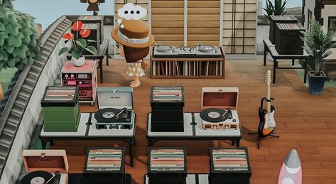 Record Store Animal Crossing, Acnh Record Store, Animal Crossing Record Shop, Acnh Music Shop, Acnh Music Area, Acnh Barbeque Area, Acnh Record Shop, Anch Ideas, Acnh Builds