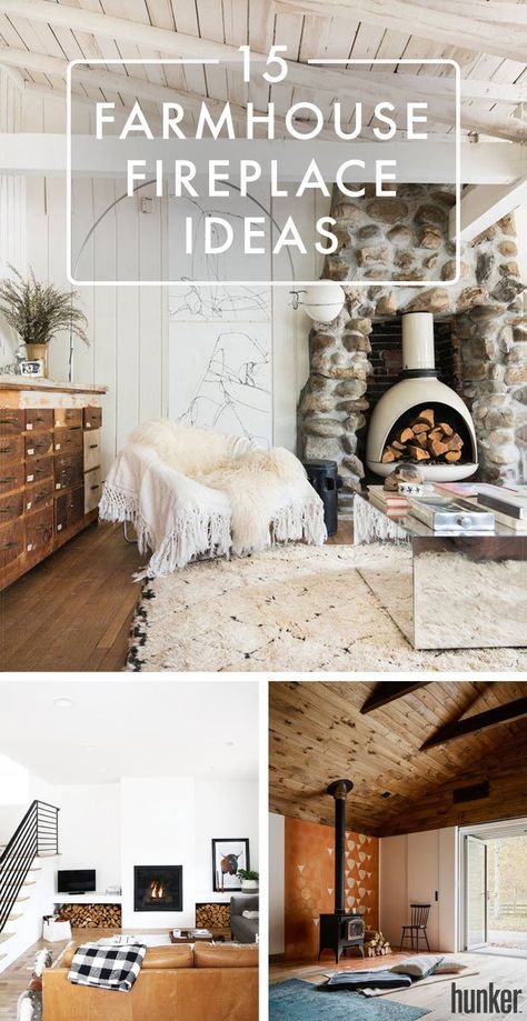 From concrete surrounds to wood burning stoves, here are 15 ways to give your farmhouse fireplace a modern update while still remaining true to its rustic roots. Living Rooms With Wood Burning Stoves, Cottage Wood Burning Stove, Small Living Room Ideas With Wood Burning Fireplace, Wood Burning Stove Decor Ideas, Franklin Stove Ideas, Freestanding Wood Burning Stove, Wood Stoves Ideas Living Rooms Cabin, Decorating Around A Wood Burning Stove, Rustic House Fireplace