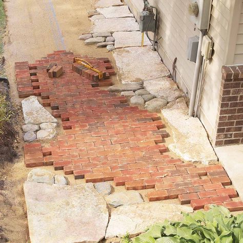 Stone And Brick Patio Ideas, Brick And Flagstone Walkway, Brick Pathways Walkways, Brick And Paver Walkway, Brick Paving Patterns, Brick Walkway Ideas, Pathway Design, Stone Pathways, Paver Path