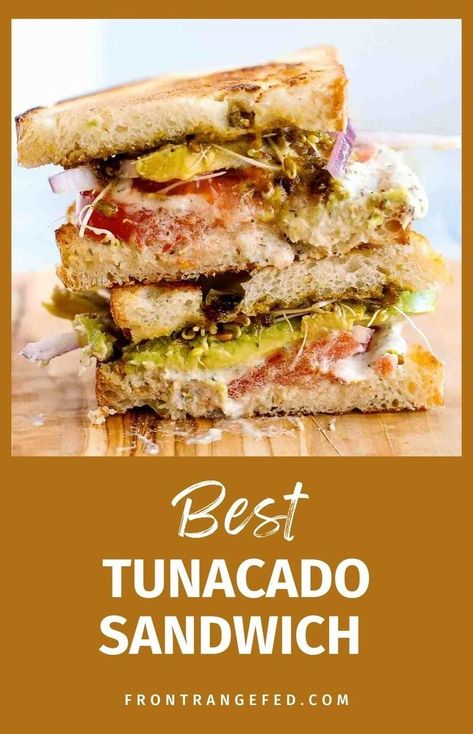 This is the classic Tunacado Sandwich from Joe And The Juice. Spicy sauce, pesto, and tuna salad piled high on lightly toasted bread make this copycat sandwich a winner. Try it on a bagle, or in a wrap or salad - this high-protein easy recipe is worth the hype! Get this and more easy sandwich recipes at www.frontrangefed.com. Copycat Sandwich, Tunacado Sandwich, Spicy Pesto, Tuna Sandwich Recipes, Avocado Stuffed, Joe The Juice, Crispy Flatbread, Easy Sandwich, Sauce Pesto