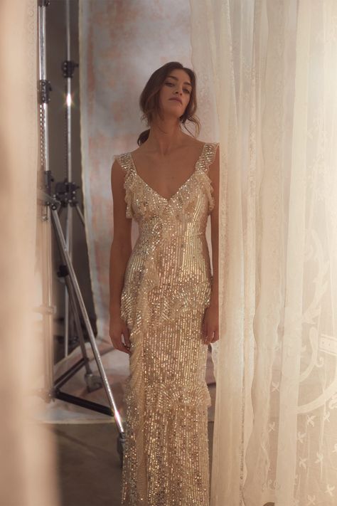 Champagne Dress Outfit, Gold Champagne Dress, Gold Long Dress, Gold Sequin Gown, Champagne Gown, Needle And Thread Dresses, Gold Formal Dress, Long Sleeve Bridal Gown, Sequin Cami Dress