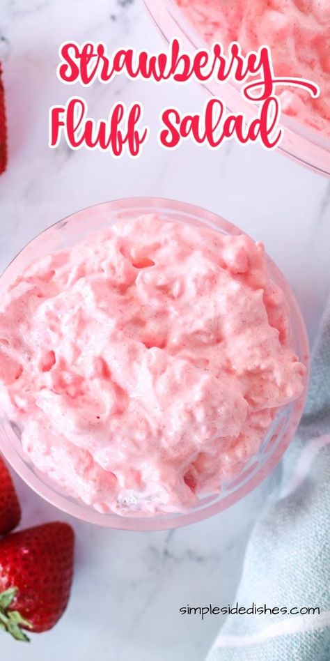 Strawberry Fluff Salad is fast, easy, colorful, and tasty that it will surprise you how often you come back for more of the tasty pink fluff! #strawberryfluffsalad #wiltedstrawberries #freshstrawberries #strawberryfluff #strawberryjellofluff #strawberryfluffrecipe #simplesidedishes #strawberrypinkfluff #easystrawberryfluff #cottagecheesefluff Whip Cream And Jello Dessert, Strawberry Whip Cream Dessert, Jello With Whipped Cream Recipes, Strawberry Jello Whipped Cream Dessert, Strawberry Pineapple Jello Salad, Strawberry Dream Whip Dessert, Coolwhip Jello Fluff, Strawberry Pineapple Dessert, Strawberry Jello Salad Recipes