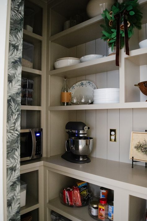 Pantry With A Countertop, Butler Pantry Microwave, Pantry On Countertop, Small Pantry With Shelves, Small Closet Butlers Pantry, Small Pantry Build Out, Small Hallway Pantry, Microwave In Pantry Ideas, Bookshelf In Pantry