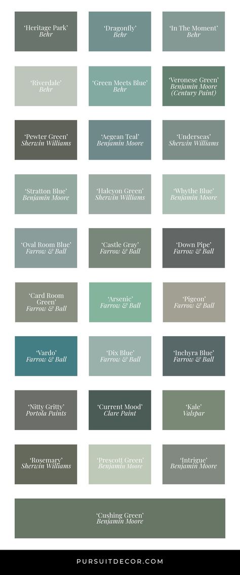 Best Blue Green Paint Colors in Action (by Brand) - Pursuit Decor. Feat. Behr, Benjamin Moore, Sherwin Williams, Valspar, Clare Paint, Farrow & Ball, Portola Paints. Blueish green, teal, sage green, green gray, green toned blue paints. Blue Green Paint Colors Bedroom Ideas, Sherwin Williams Blue Green Paint, Sherwin Williams Blue Green, Best Blue Green Paint Colors, Blue Green Paint Colors, Behr Blue, Blue Green Paint, Blue Green Bedrooms, Teal Paint Colors