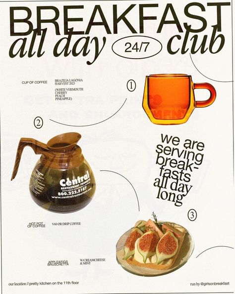 breakfast club design poster Visuell Identitet, Menue Design, Graphisches Design, Zine Design, Pretty Kitchen, Plakat Design, The Breakfast, The Breakfast Club, Club Design