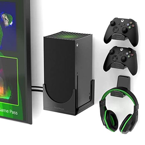 Amazon.com: TotalMount – Wall Mount for Xbox Series X – Prevents Your Xbox from Falling by Securing Each Side (Large Bundle: Wall Mount and 3 Controller Holders) : Video Games Bedroom Gaming Setup With Tv, Xbox Controller Storage Organizing Ideas, Game Console Wall Mount Ideas, Xbox Mounted On Wall, Xbox Series X Wall Mount, Xbox Storage Ideas Wall Mount, Xbox X Setup, Video Game Console Wall Mount, Game System Wall Mount