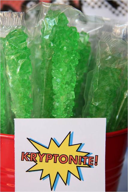 "Kryptonite" sour apple rock candy sticks Superman Party Favors, Dc Superhero Girls Party, Superman Theme, Avenger Party, Superman Birthday Party, Superman Party, Girl Superhero Party, Marvel Birthday Party, Superhero Baby Shower