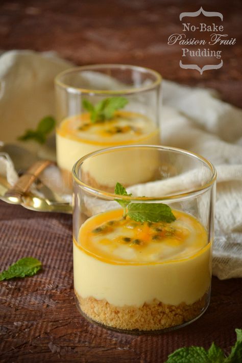 EGGLESS NO-BAKE PASSION FRUIT PUDDING | kurryleaves Passion Fruit Pudding, Fruit Pudding Recipes, Passionfruit Recipes, Vegan Pudding, Fruit Pudding, Cake Light, Eggless Desserts, Cake Vegan, Indian Food Recipes Vegetarian