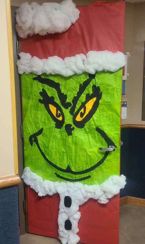 3d Grinch Door Decorations, Easy Grinch Door Decorations, Grinch Lair Door, Grinch Themed Office, Grinch Theme Door Decorations, Who Ville Door Decoration, The Grinch Door Decorating Contest, Christmas Doors For Work, The Grinch Door Decorations