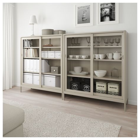 IKEA IDASEN Beige Cabinet with sliding glass doors Vitrine Ikea, Sliding Glass Doors, Glass Cabinet, Ikea Hacks, Glass Doors, Sliding Glass Door, Glass Shelves, Living Room Interior, 인테리어 디자인