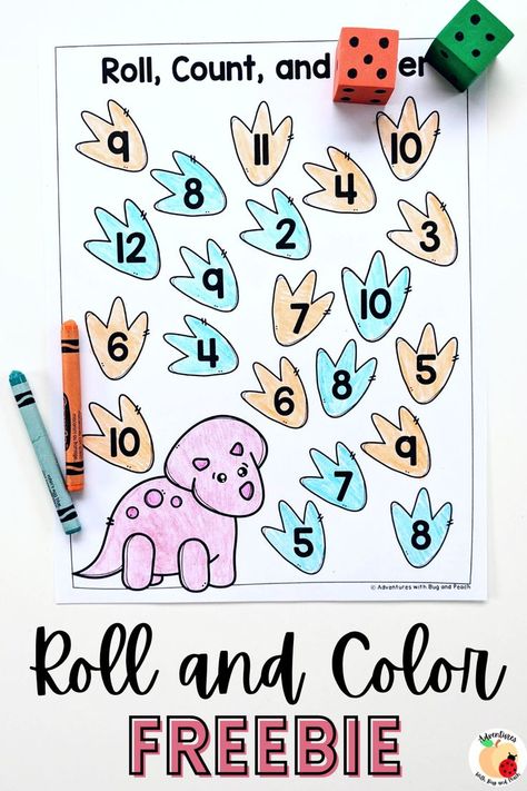 Do you have a dino-loving learner? Are you looking for new ways to practice number recognition, one-to-one correspondence, and addition with your preschooler or kindergartener? Find this dinosaur roll and color game and more math freebies to reinforce math concepts with your students. Roll the dice to determine where to color or place your manipulative. Take turns during math centers or use these printable pages for independent work. Roll A Dinosaur Dice Game, Dinosaur Math Activities Preschool, Dinosaur Kindergarten Activities, Dinosaur Activities Kindergarten, Dinosaur Math Activities, Dinosaur Activities For Preschool, Dinosaur Preschool Activities, Dinosaur Kindergarten, Prek Printables