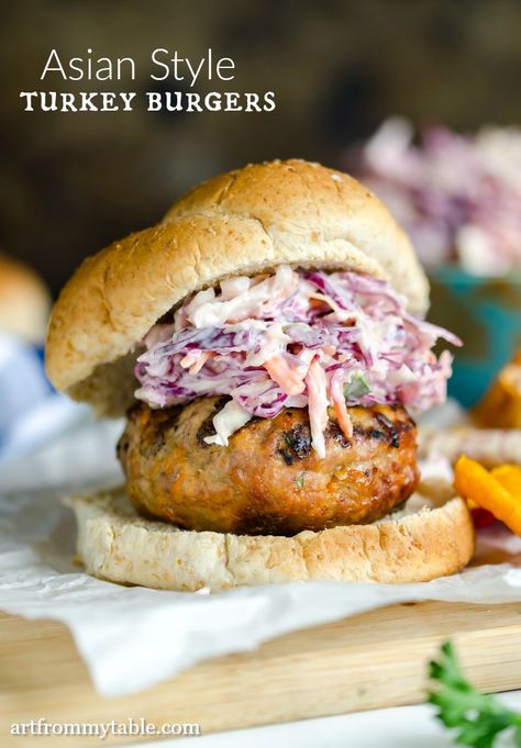 Asian Turkey Burgers, Asian Turkey, Best Turkey Burgers, Juicy Burger, Healthy Burger, Homemade Coleslaw, Turkey Burger Recipes, Big Juicy, Grilled Turkey