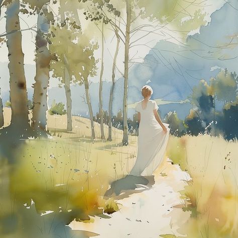 🌲✨ Step into the serene beauty of this watercolour masterpiece 🎨🌿 Soft pastel hues create a dreamlike scene where a woman in a flowing white dress walks gracefully along a forest path. Towering trees filter dappled sunlight onto the mossy ground, while misty mountains rise in the distance, completing the enchanting backdrop. This wide-shot composition invites you to immerse yourself in the peaceful ambiance of nature’s quiet beauty. A captivating addition to any art collection, perfect for ... Watercolor Stone Wall, Shot Composition, Dappled Sunlight, Misty Mountains, Forest Path, Pastel Hues, Framed Tv, Watercolor Landscape, Soft Pastel