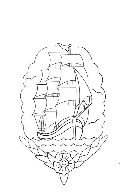 Ship Coloring Pages, Traditional Tattoo Outline, Pirate Ship Tattoos, Half Sleeve Tattoos Sketches, Traditional Tattoo Stencils, Pirate Ship Tattoo, Bee Coloring Pages, Armband Tattoo Design, Tattoo Outline Drawing