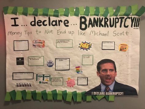 The Office Themed Bulletin Board, The Office Ra Bulletin Boards, The Office Ra Board, Money Bulletin Board, The Office Classroom Theme, The Office Bulletin Board, Ra Floor Themes Ideas, Ra Themes Floors, College Bulletin Board Ideas