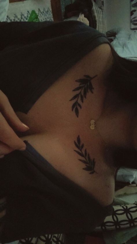 Vine Collar Bone Tattoos For Women, Olive Branch Tattoo On Hip, Vine Tattoos Chest, Vines Chest Tattoo Female, Olive Branch Tattoo Chest, Collarbone Tattoo Both Sides, Chest And Collar Bone Tattoos, Chest Leaf Tattoo, Vine Chest Tattoo Female