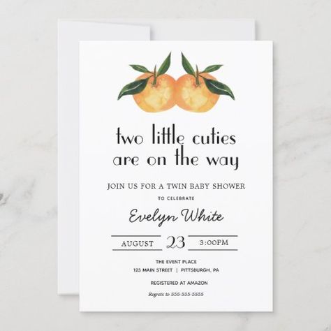 Two Little Cuties Are On the Way Twin Baby Shower for $2.95 - Baby Shower Invitations Twin Baby Shower Theme, Baby Shower By Mail Invitation, Cutie Is On The Way, Shower By Mail Invitation, Baby Shower By Mail, Shower By Mail, Tropical Invitations, Twins Baby Shower Invitations, Orange Baby Shower