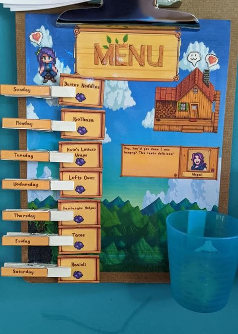 My family can never decide what to eat during the week. So I made this Stardew Valley menu planner with Abigail loving to eat amethyst. All this is custom and found photos online of the game online. Found Photos, Menu Planner, Menu Planners, Stardew Valley, What To Eat, Weekly Planner, My Family, The Game, Amethyst