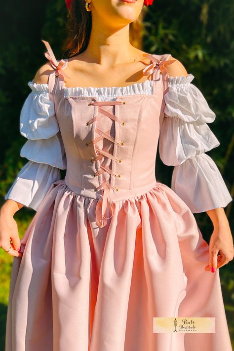 Corset Dress Pink, Hobbit Core, Fairy Medieval, Gown Victorian, Dress Medieval, Cottagecore Dresses, Gown Pink, Medieval Wedding, Pink Gown