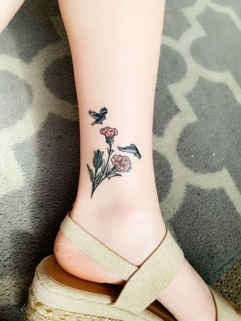 Ankle tattoo birds flowers leaves carnation sage small crow black pink green Flower Tattoos On Ankle, Tattoos On Ankle, Bush Tattoo, Antler Tattoos, Tattoo Birds, Enough Tattoo, Flower Carnation, 20s Style, Ankle Tattoos