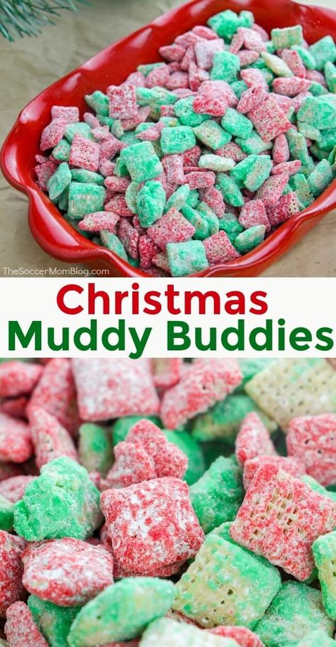 Christmas Puppy Chow (aka holiday muddy buddies) is a fun and festive treat perfect for parties! This red and green cruchy snack mix is easy and delicious! Christmas Muddy Buddies Recipe, Christmas Muddy Buddies, Holiday Puppy Chow, Christmas Puppy Chow, Muddy Buddy Recipe, Puppy Chow Cookies, Puppy Chow Christmas, Puppy Chow Chex Mix Recipe, Chex Mix Puppy Chow